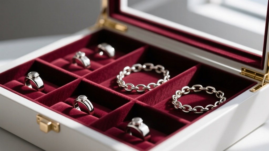 Organized jewelry storage box with individual velvet compartments holding various polished stainless steel rings and link bracelets