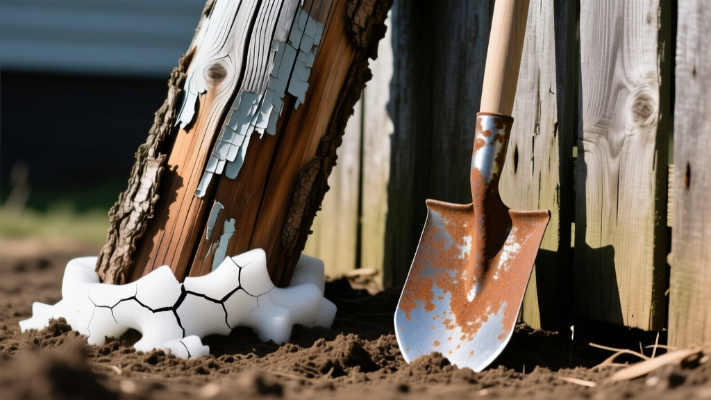 Close-up of a weathered wooden fence post leaning sideways with cracked expanding polyurethane foam exposed at the base next to a shovel