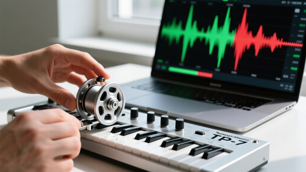 Close-up of a user adjusting the motorized aluminum reels on a silver Teenage Engineering TP-7 while monitoring audio levels on a connected MacBook Pro