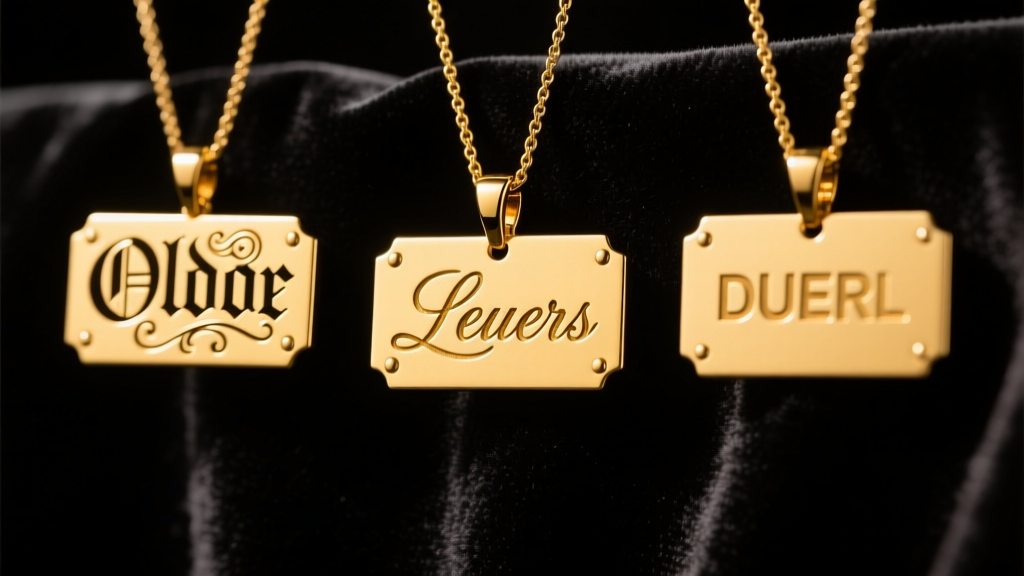 Close-up of three gold nameplate pendants featuring Old English, cursive, and block fonts on dark velvet under warm studio lighting