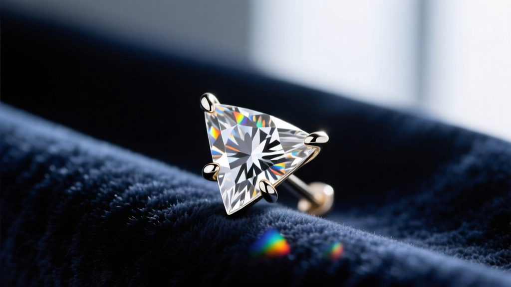 Macro shot of a 1-carat diamond martini setting earring with three white gold prongs resting on dark velvet fabric