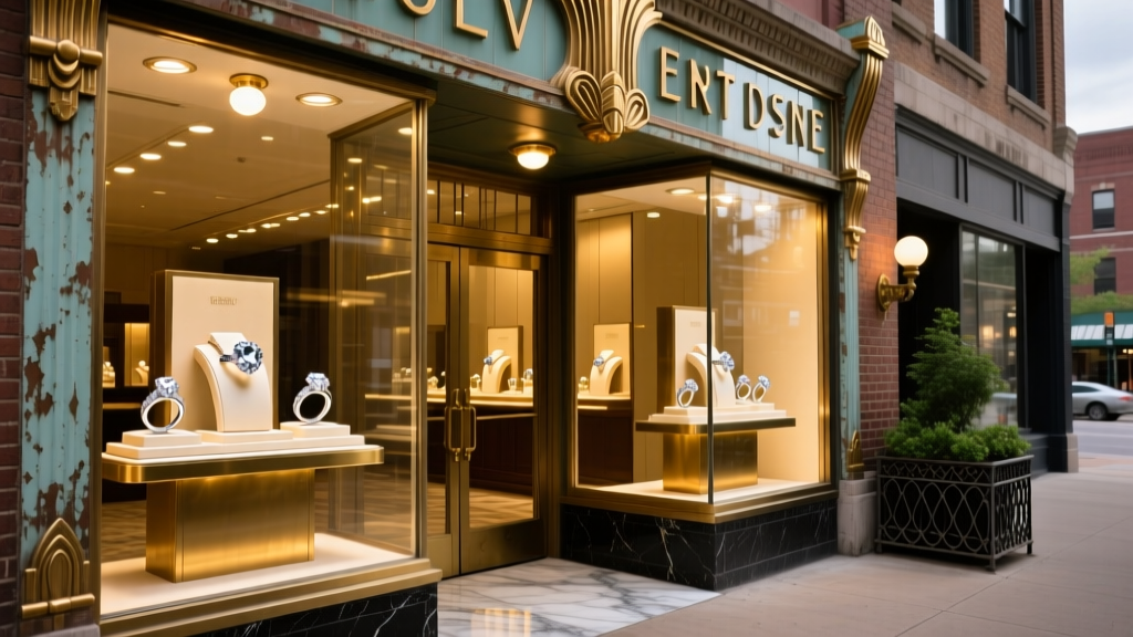 Historic Chicago Wabash Avenue jewelry storefront with window displays showcasing diamond engagement rings in warm lighting