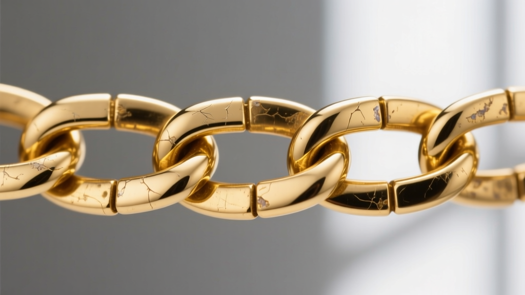 Loupe view of a gold vermeil flat figaro chain showing brass base metal exposed through worn plating on the widest link segments