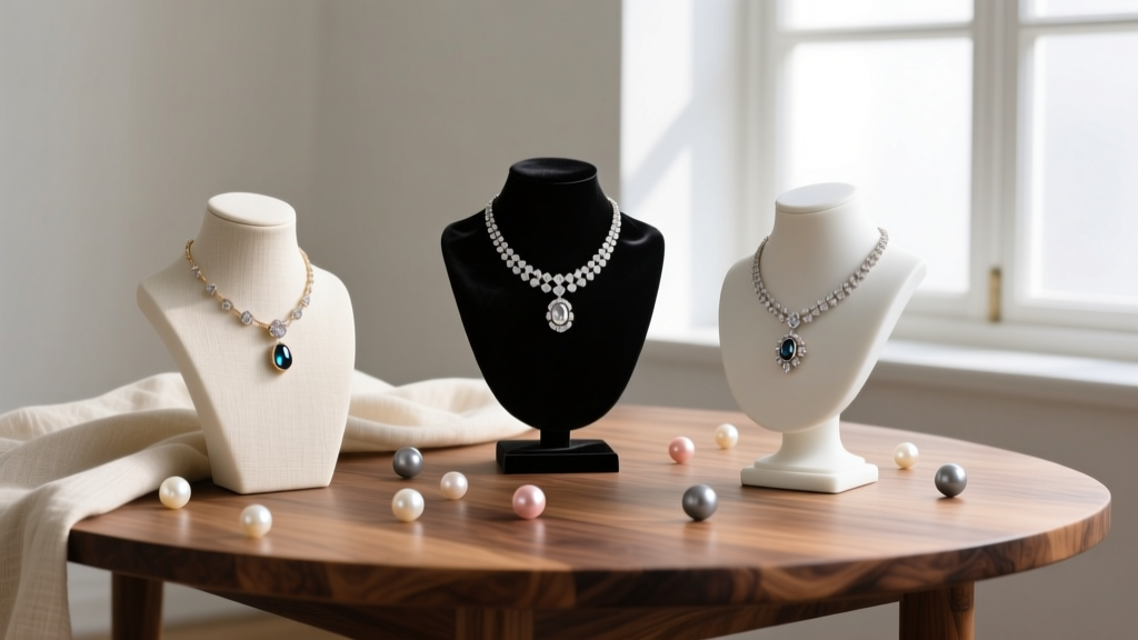 Three jewelry display busts in cream linen, black velvet, and white silicone arranged on a wood table with scattered loose pearls