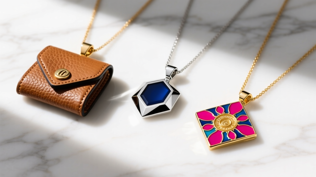 Flat lay of three purse necklace pendants in vegan leather, sterling silver, and vitreous enamel on a white marble surface