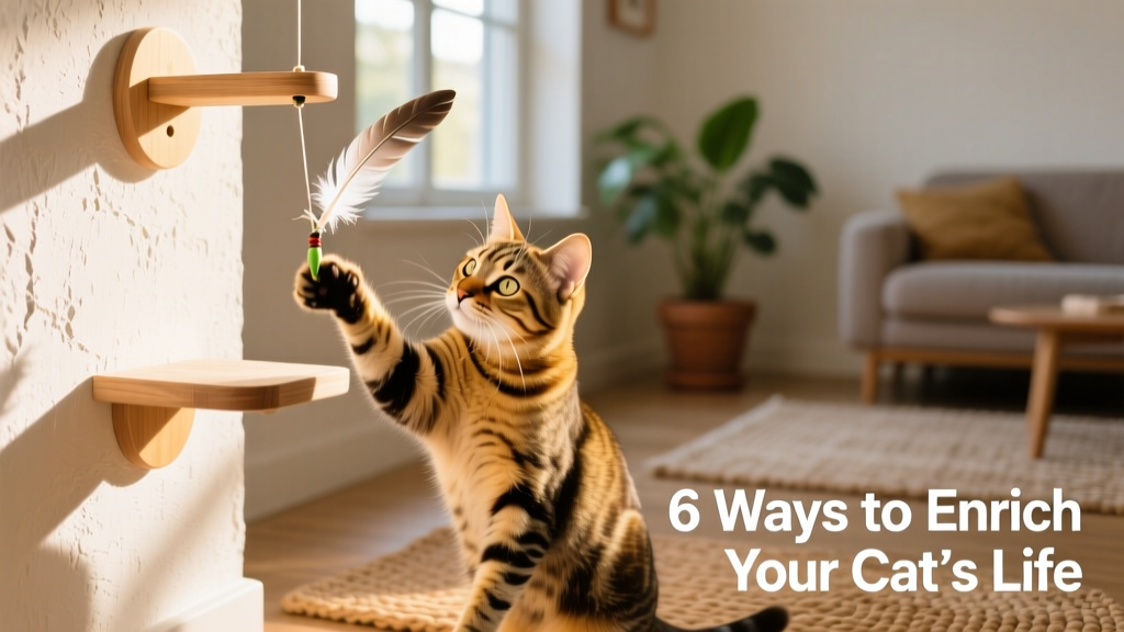 A curious tabby cat batting at a dangling feather toy suspended from a wall-mounted perch
