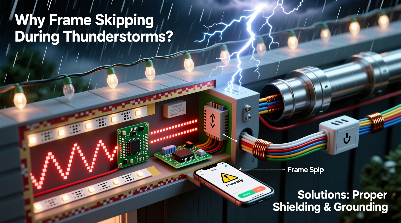 why does my programmable christmas light display skip frames during thunderstorms and how to shield it