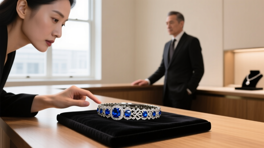 Customer and dealer negotiating over a counter, examining a vintage platinum sapphire bracelet resting on a dark velvet display pad.