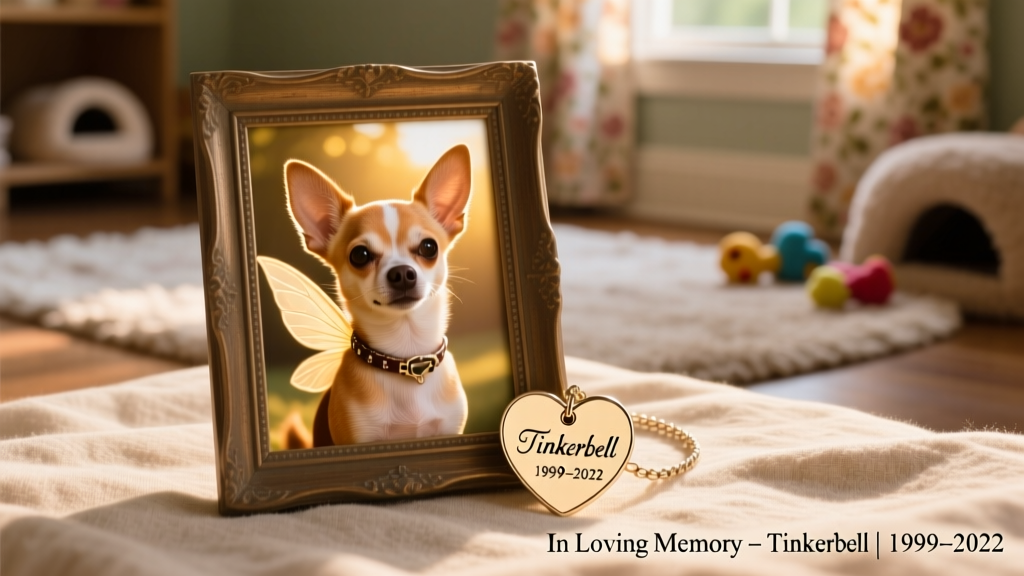 A framed photo of Tinkerbell beside a heart-shaped collar tag engraved with her name and dates