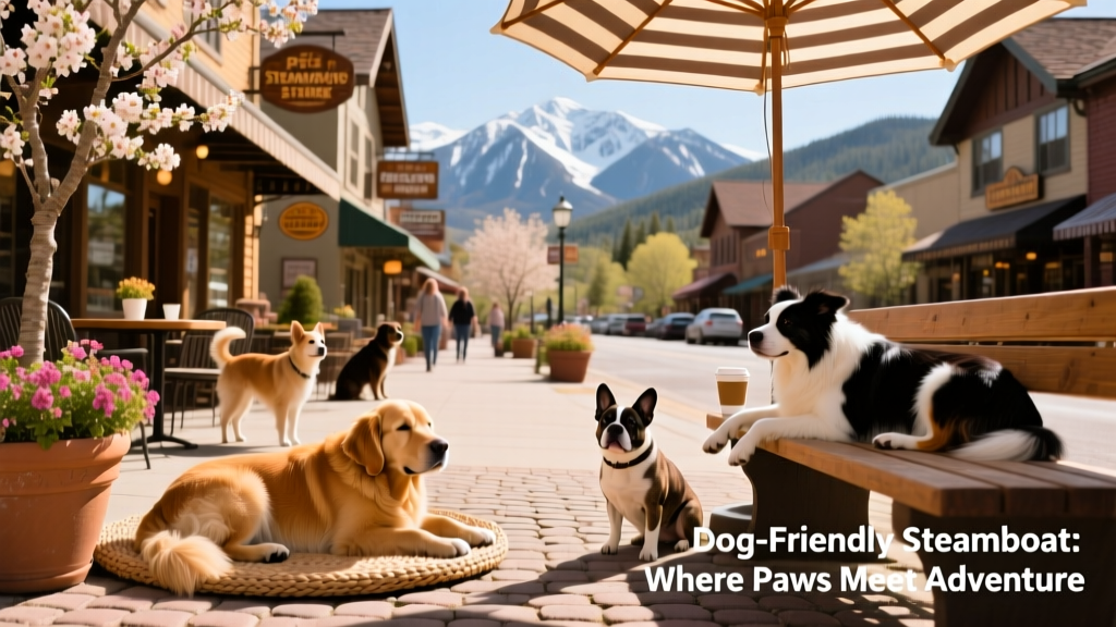 Downtown Steamboat Springs with sidewalk cafés, flowering trees, and dogs lounging on patios