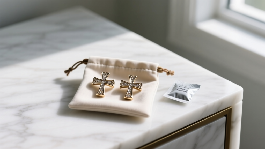 Luxury fashion cross earrings stored inside an anti-tarnish microfiber pouch next to a silica gel packet on a marble dresser