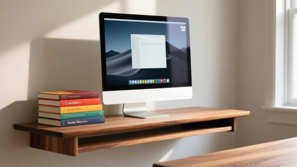 Heavy reference books and a 27-inch monitor resting on the Grovemade Walnut Desk Shelf to test load-bearing deflection limits