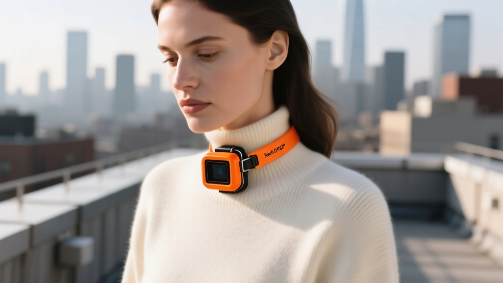 Orange Kestrel DROP D1 sensor clipped to a woman