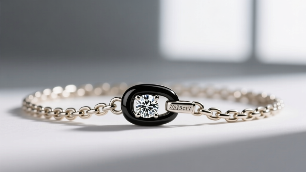 Close-up of a 1.0mm 18k white gold box chain with a secure lobster clasp attached to a black rhodium-plated diamond pendant bail