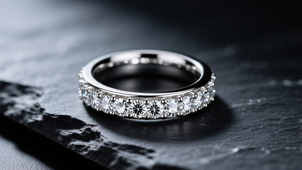 Macro shot of a rhodium-plated white gold pave diamond ring on dark slate under directional studio lighting highlighting metal.
