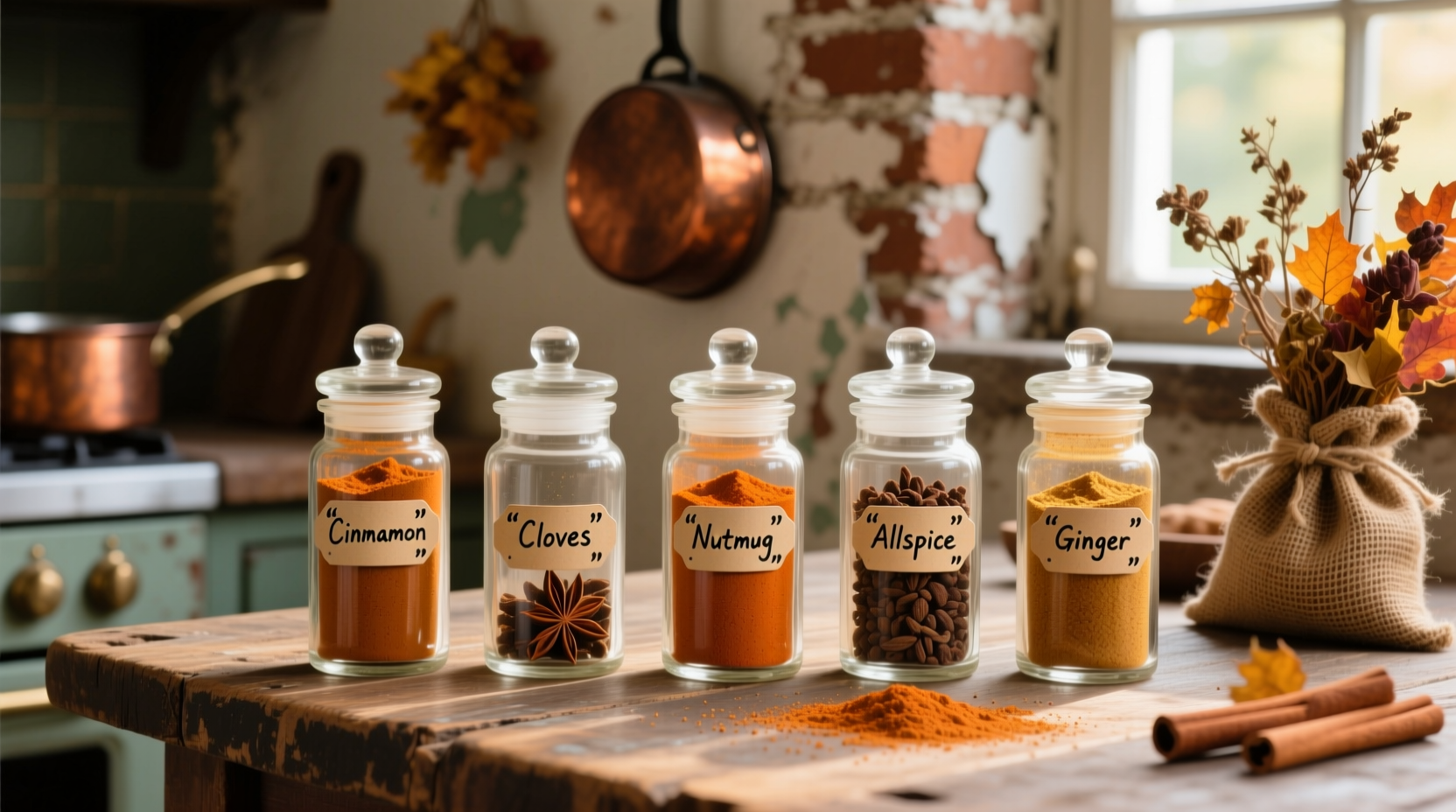 Five glass spice jars with pumpkin spice ingredients