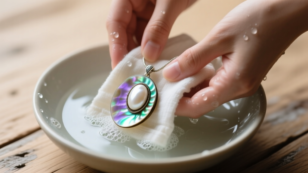 Hands gently washing an abalone shell pendant in a bowl of soapy water, using a soft cloth under bright studio lighting on wood.