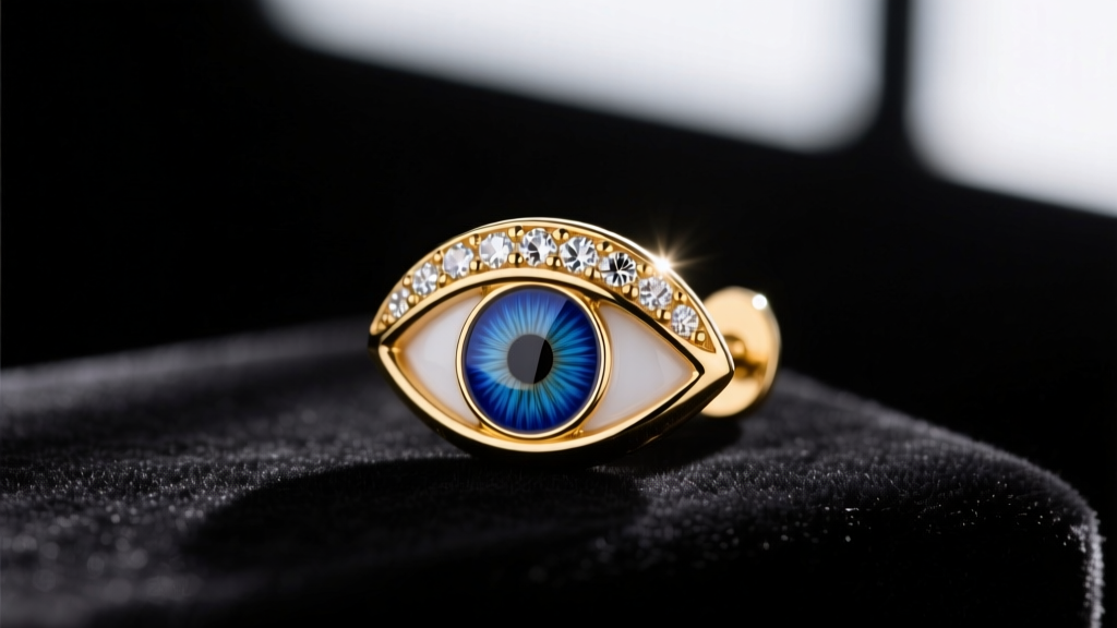 Macro photography of a gold-tone Schiaparelli eye earring featuring a blue enamel iris and crystal brow, resting on black velvet