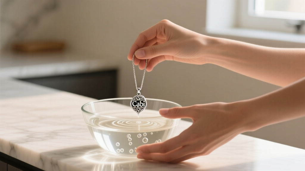 Hands gently washing a delicate silver-tone Cabi pendant necklace in a glass bowl of warm distilled water and mild dish soap.