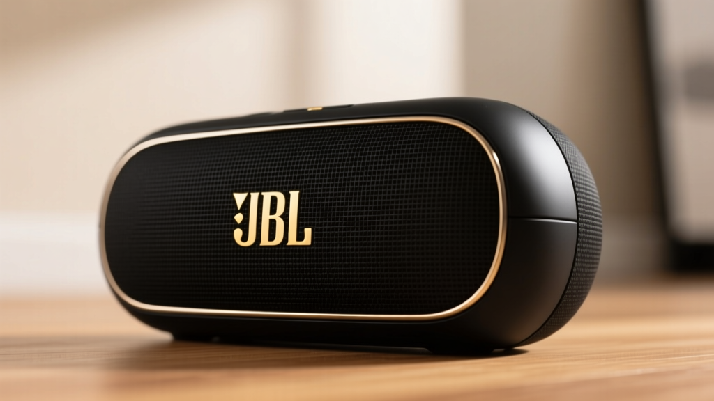 Macro shot of a JBL Charge 5 Wi-Fi speaker's exposed dual passive radiators vibrating on a thick walnut wood desk surface