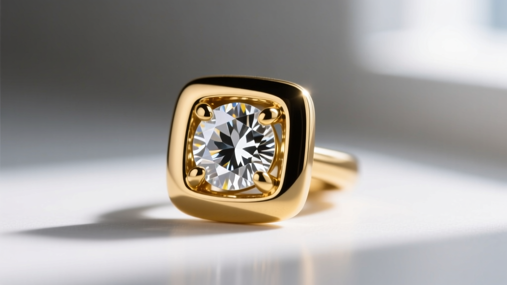 Close-up of a 0.75ct diamond earring in a thick gold bezel setting, showing how metal walls reduce the visible stone diameter