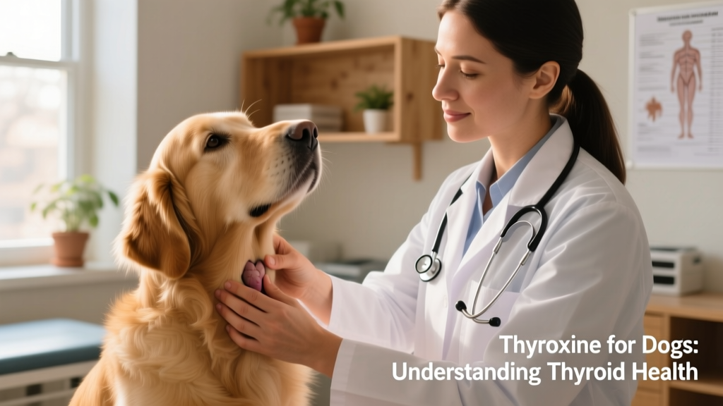 Close-up of a veterinarian gently palpating a dog's neck to assess thyroid gland size and symmetry