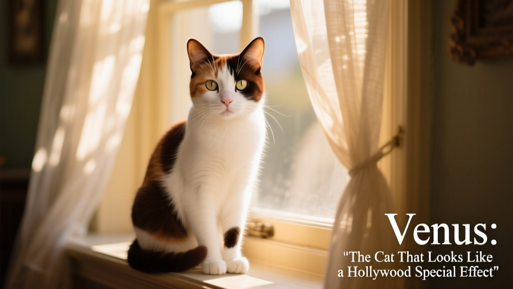 Venus sitting calmly on a sunlit windowsill, her two-toned face highlighted by soft natural light
