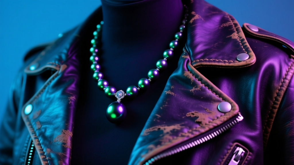 Moody shot of a dark Tahitian pearl necklace draped over a vintage leather motorcycle jacket, lit by neon blues and purples.