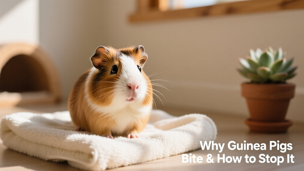 A calm guinea pig sitting on a soft towel, looking alert but relaxed
