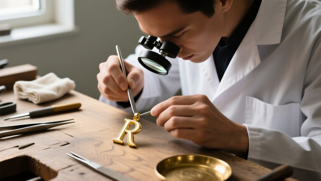 Jeweler using a precise loupe and fine file to smooth the sharp diagonal leg of a gold letter R initial pendant on a wooden workbench