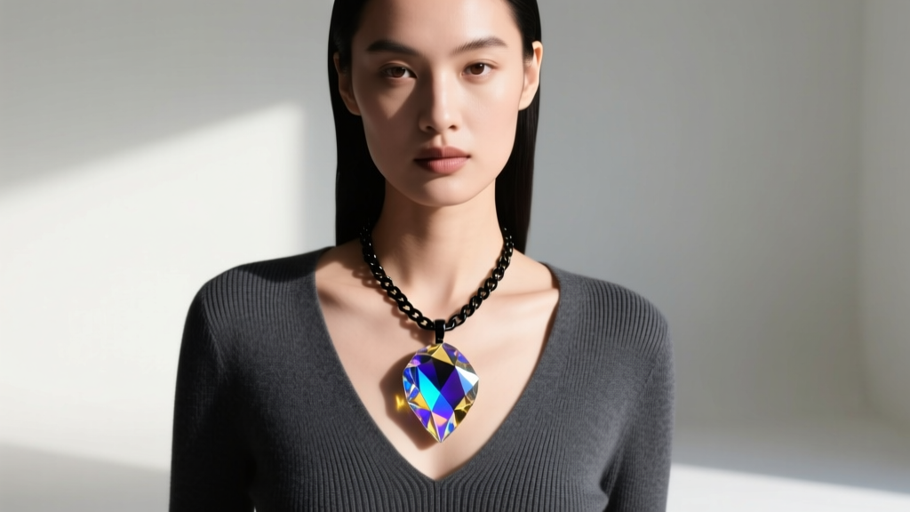 Model in a charcoal V-neck sweater wearing a black niobium chain and a large, resin-sealed iridescent bismuth pendant.
