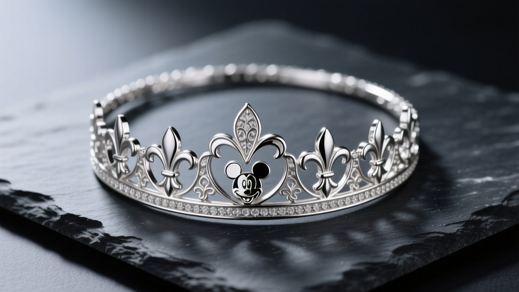 Polished sterling silver Sora crown necklace on dark slate, highlighting intricate fleur-de-lis and hidden mickey cutouts.