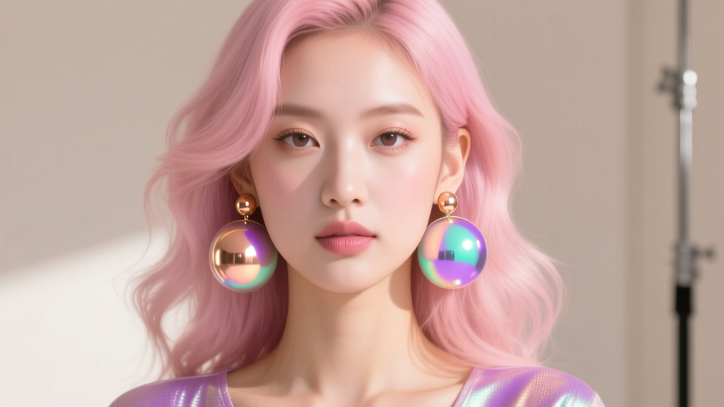 Model with pastel pink hair wearing large iridescent spherical ball earrings, showcasing the 2026 animecore trend.