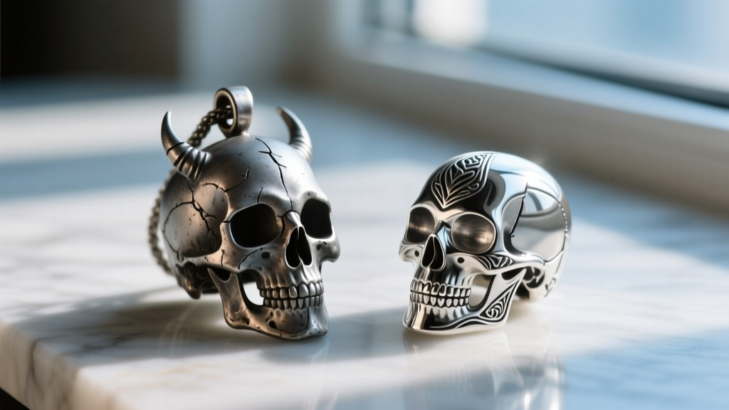 Macro shot of a dull zinc alloy demon skull pendant beside a polished .925 sterling silver replica, highlighting surface textures.