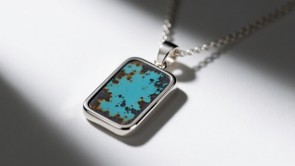 Sterling silver necklace with rectangular pendant showing oxidized patina on its flat surface and slightly rounded corner edges.