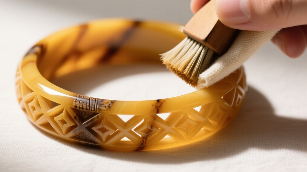 Vintage carved Bakelite bangle bracelet in butterscotch yellow being gently buffed with a microfiber cloth and specialized polish