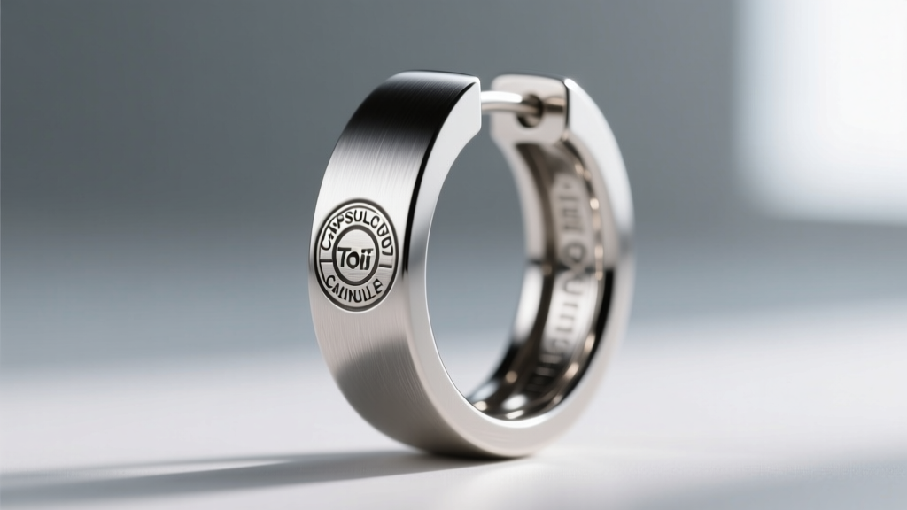 Close-up of a laser-engraved Toei Animation licensing hallmark on the back of a brushed titanium Capsule Corp hoop earring