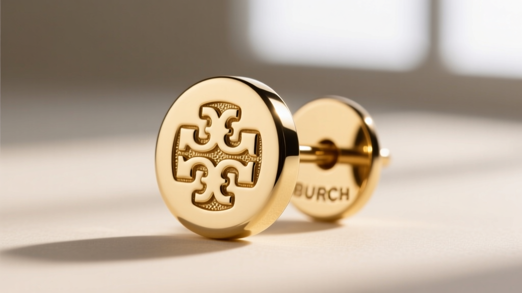 Macro shot of an earring post and back, revealing the TORY BURCH hallmark stamped cleanly on the gold-plated brass metal surface.