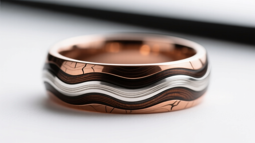 Macro shot of authentic Mokume-gane wood grain ring showing contrasting layers of Shakudo copper alloy and sterling silver