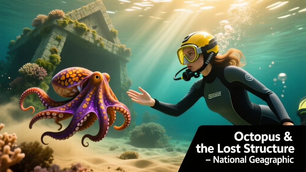 Underwater photo of a diver extending her hand toward an octopus hovering nearby