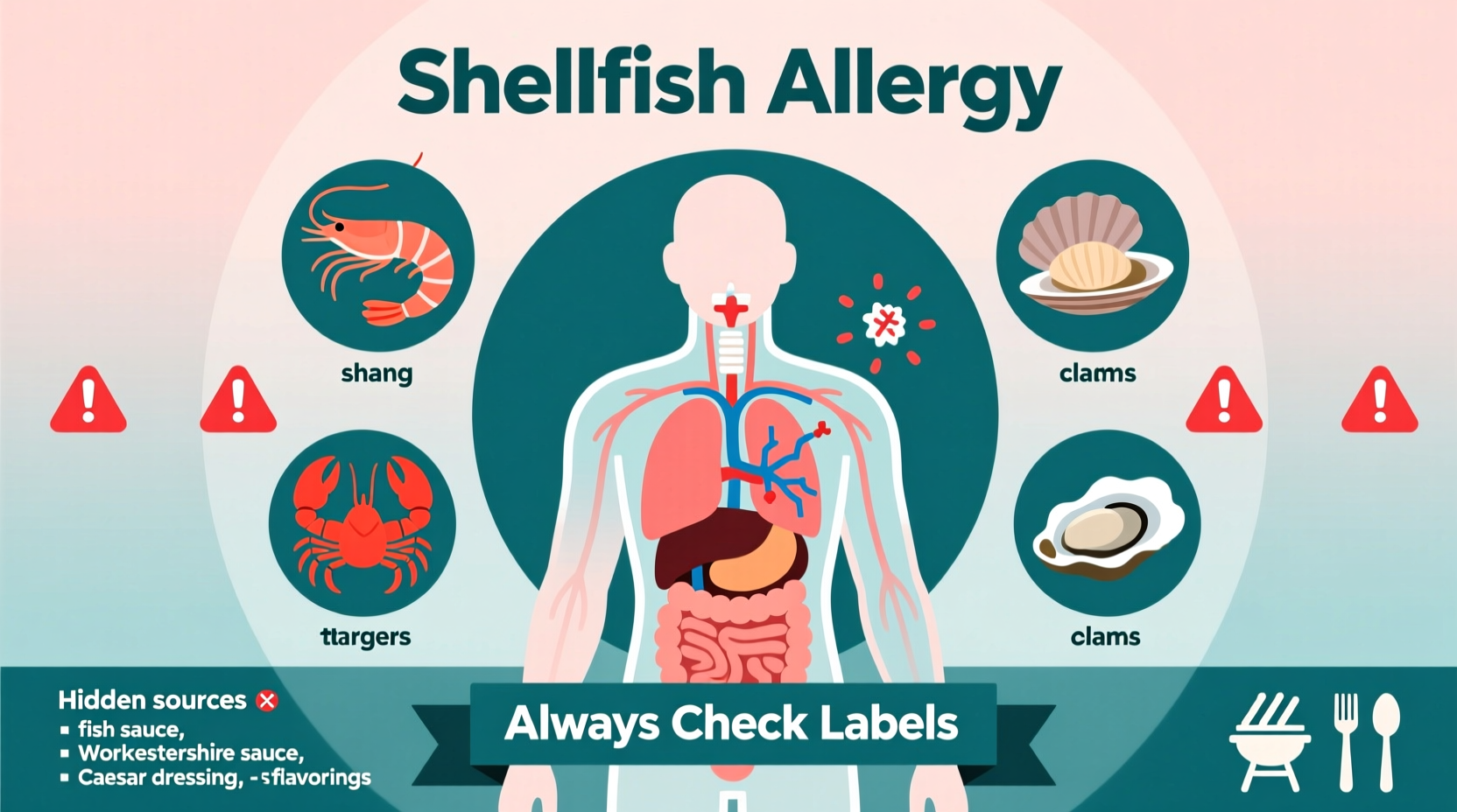 Shellfish allergy awareness infographic showing common triggers