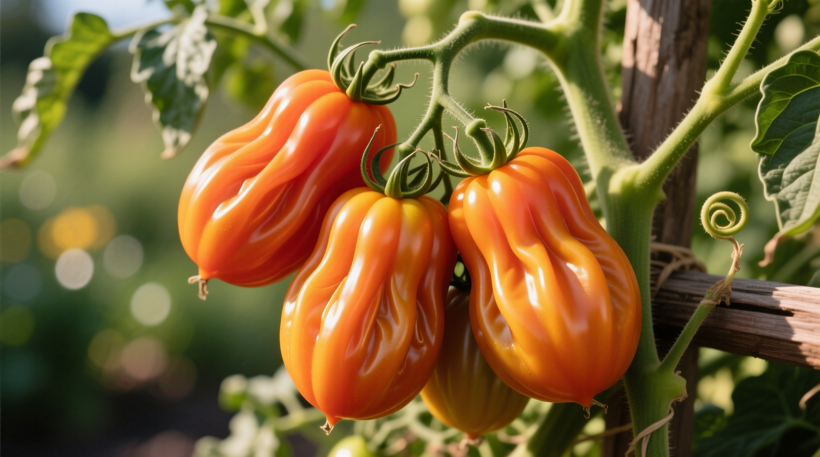 Ripe orange accordion tomatoes on vine showing distinctive pleats