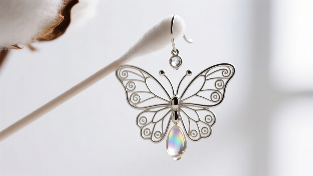 Close-up of a cotton swab gently applying mild soapy water to the intricate silver wirework of a butterfly wing drop earring