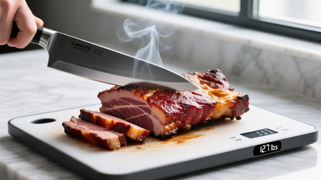 Slicing a perfectly smoked brisket with a high-carbon steel knife on a smart cutting board displaying exact weight metrics