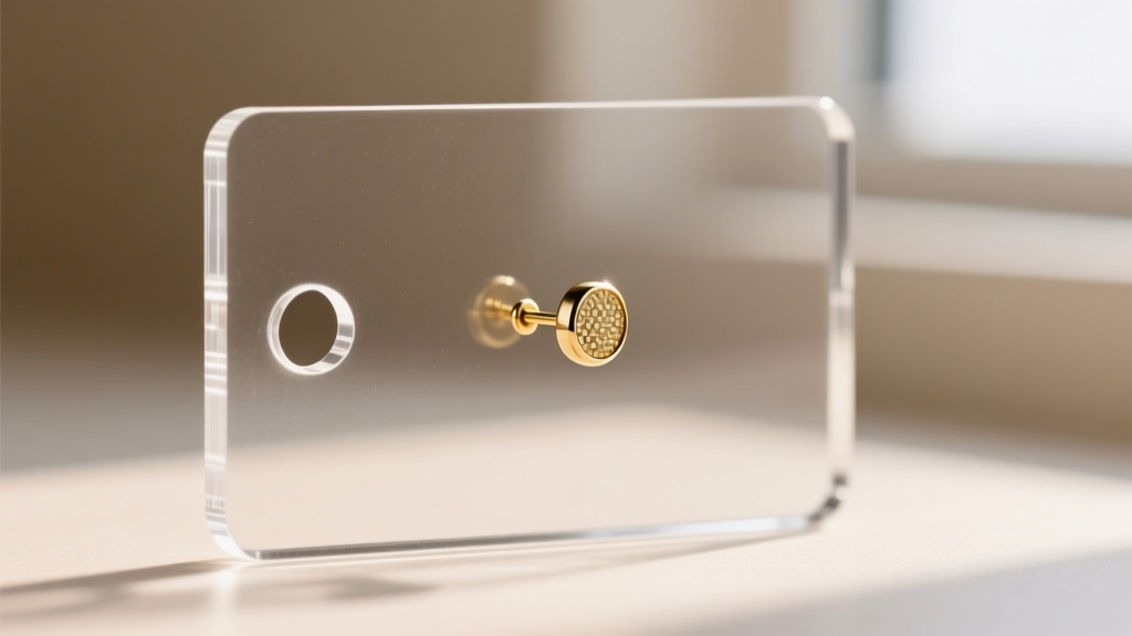 Macro shot of a 3mm cast acrylic jewelry display card with a 1.5mm punched hole, showcasing a 20-gauge gold stud earring post.