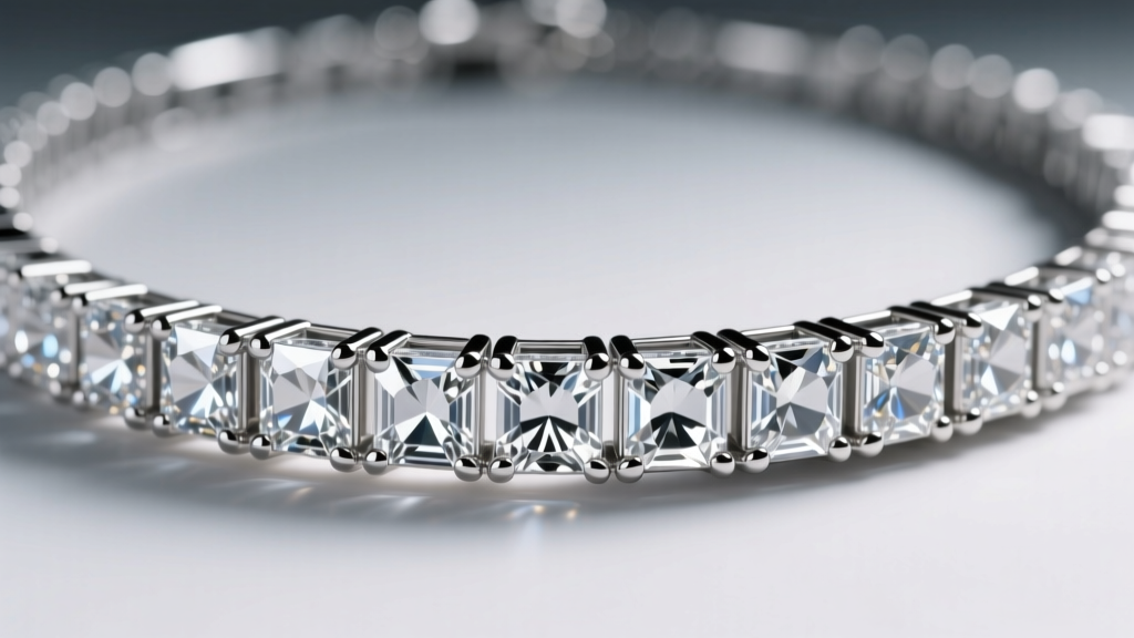 Macro shot of a channel-set baguette tennis necklace showing precise metal walls holding rectangular step-cut diamonds in place