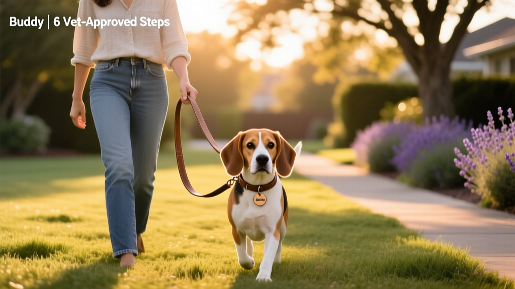 A woman and a beagle wearing a leash