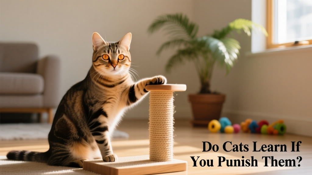 A calm cat sitting beside a scratching post, looking relaxed and engaged