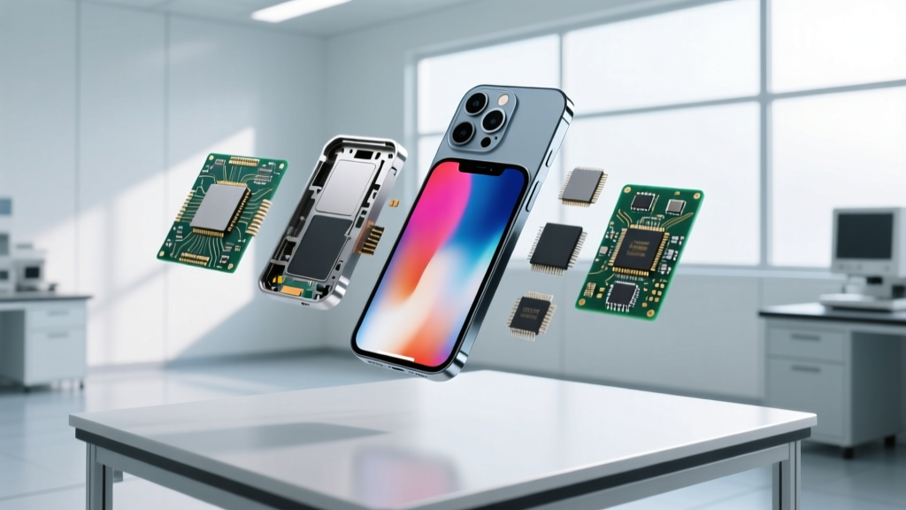 Exploded view of a modern smartphone showing microchips, titanium frame, and OLED display on a cleanroom assembly table with cost tags