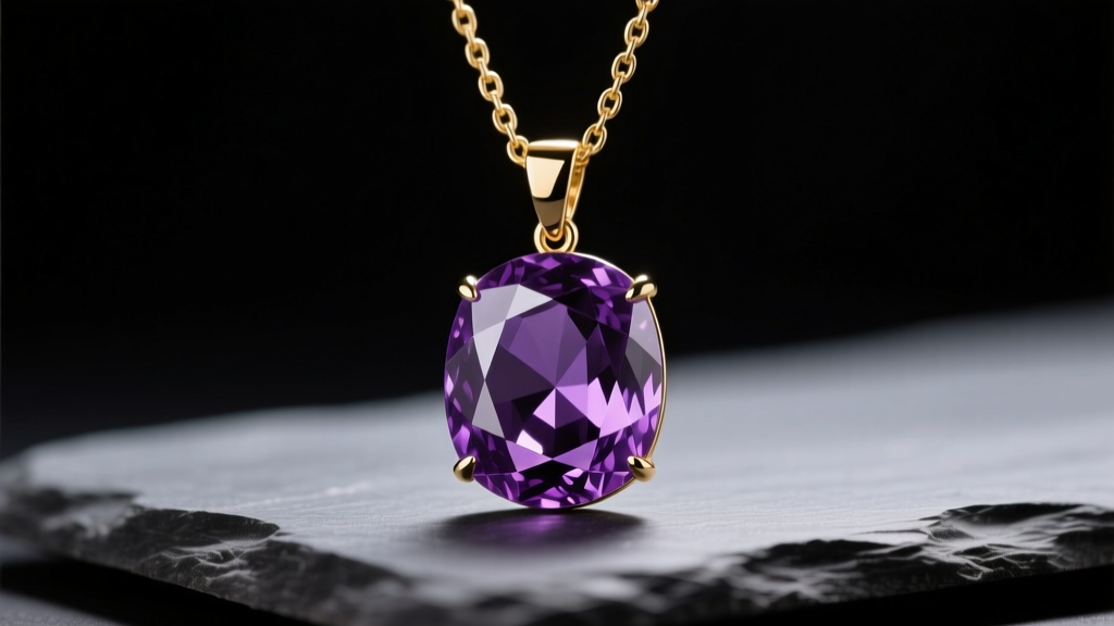 Close-up of a faceted amethyst pendant on a gold chain, resting on dark slate with soft lighting highlighting deep purple gem hues